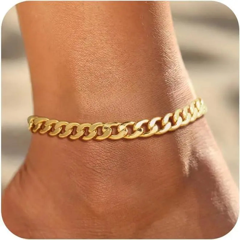 FREEKISS Chunky Cuban Link Chain Anklet for Women Waterproof Adjustable Length 8.5+2 Inch Fashion Chic Accessories Trendy Layered Anklet Set Jewelry Gift
