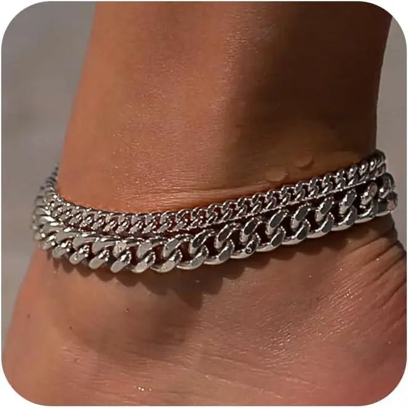 FREEKISS Chunky Cuban Link Chain Anklet for Women Waterproof Adjustable Length 8.5+2 Inch Fashion Chic Accessories Trendy Layered Anklet Set Jewelry Gift