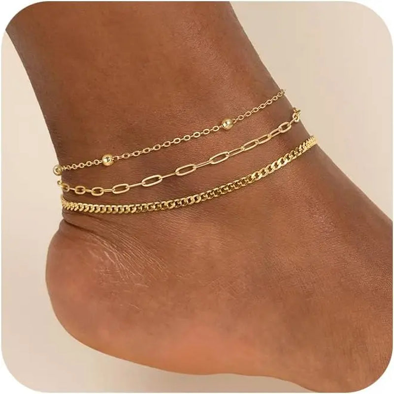 FREEKISS Chunky Cuban Link Chain Anklet for Women Waterproof Adjustable Length 8.5+2 Inch Fashion Chic Accessories Trendy Layered Anklet Set Jewelry Gift