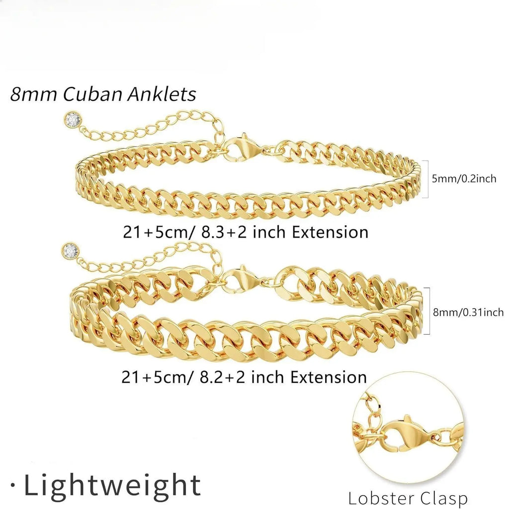 FREEKISS Chunky Cuban Link Chain Anklet for Women Waterproof Adjustable Length 8.5+2 Inch Fashion Chic Accessories Trendy Layered Anklet Set Jewelry Gift